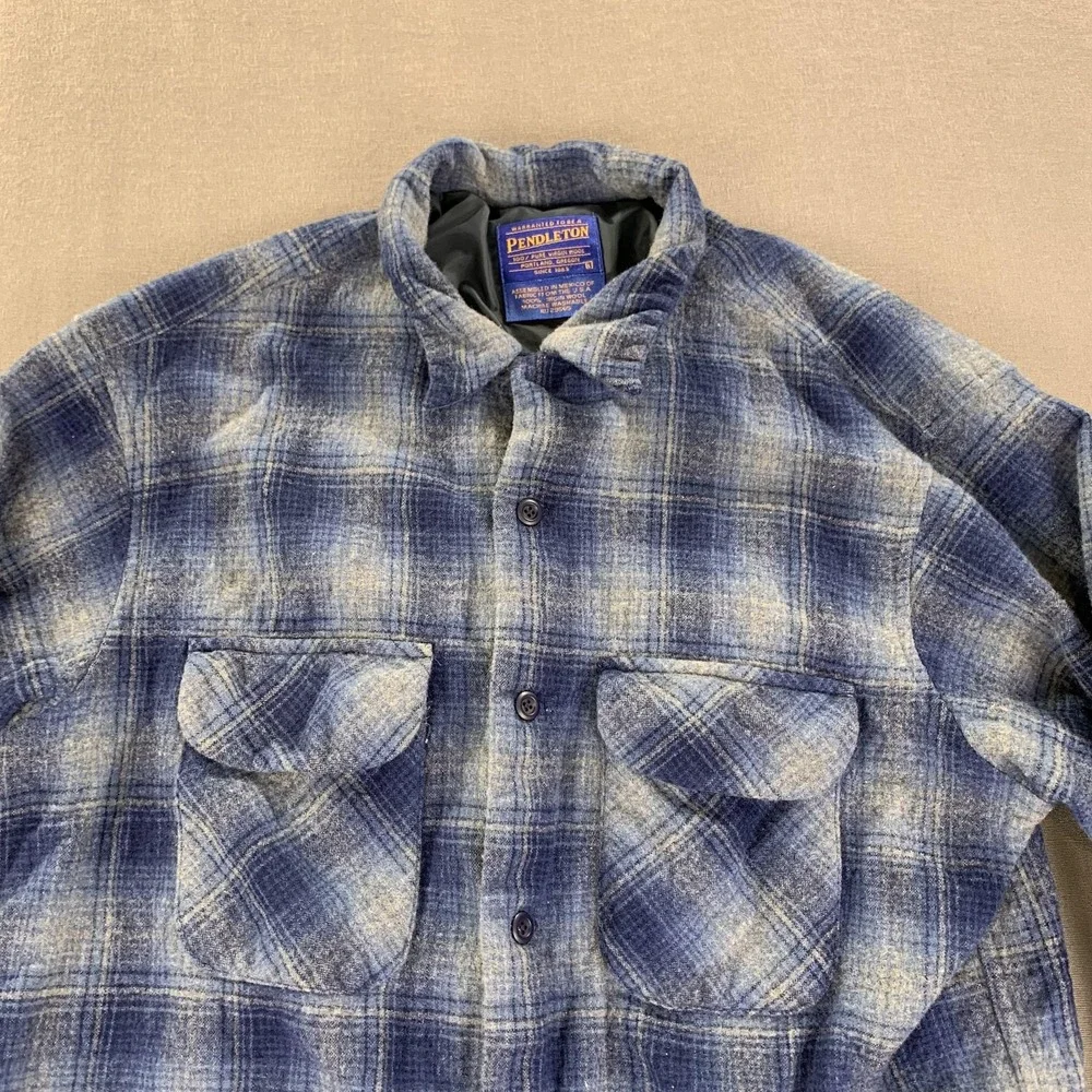 Pendleton Jacket‎ Men LG Blue Wool Shadow Plaid Board Shirt Shacket Loop Collar